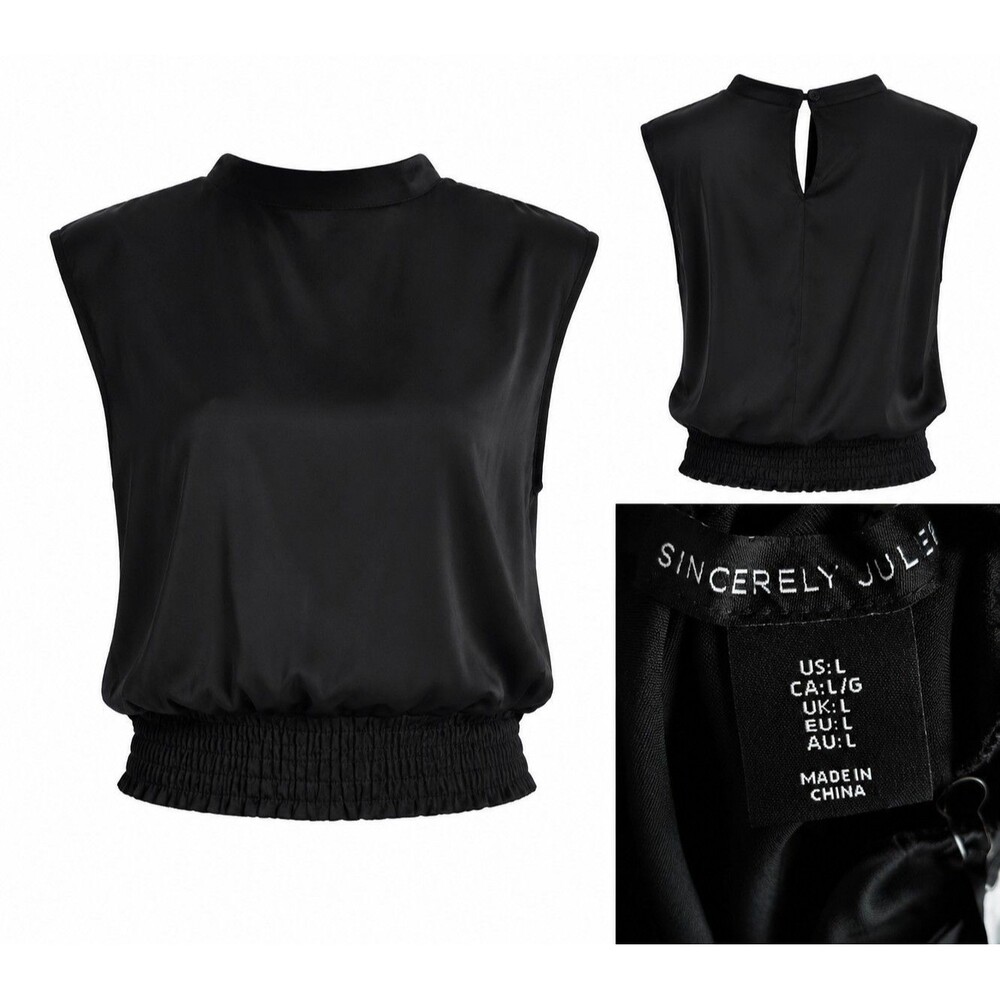 Sincerely Jules Women’s Large Black Satin Sleeveless Mock Neck Smocked Hem Top